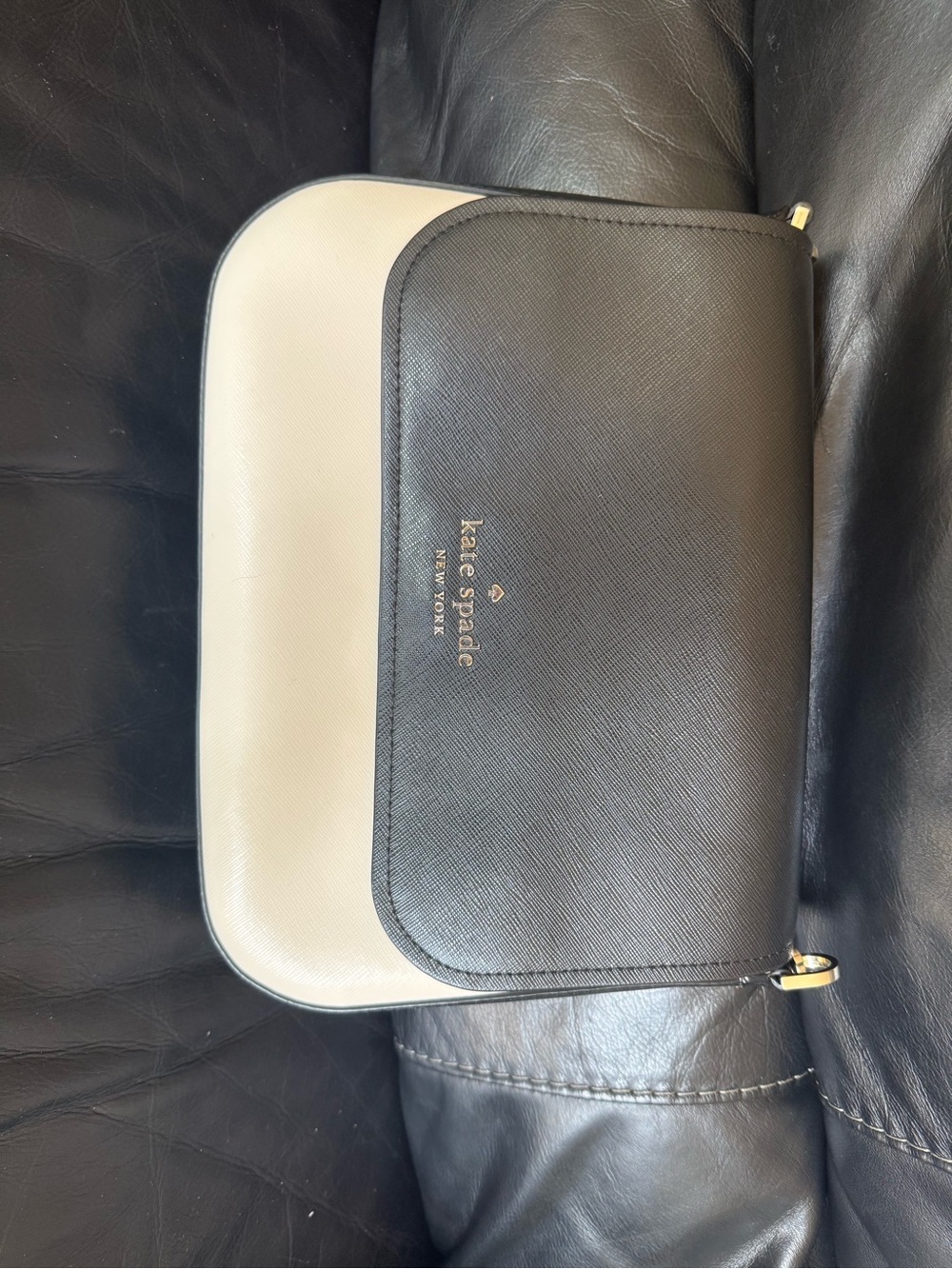 Kate Spade Staci Colorblock Saffiano Flap Crossbody Black Cream Gold Logo